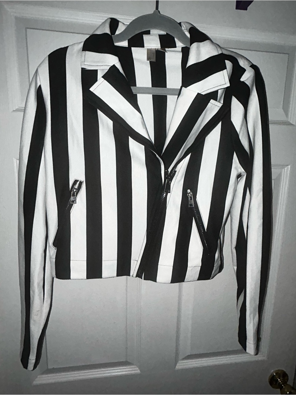 Beetlejuice looking Black and White Vertical-Stripe Moto Jacket